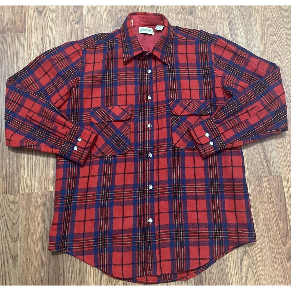 St Johns Bay Shirt Mens Large Wool Flannel Red Plaid Heavyweight 90s